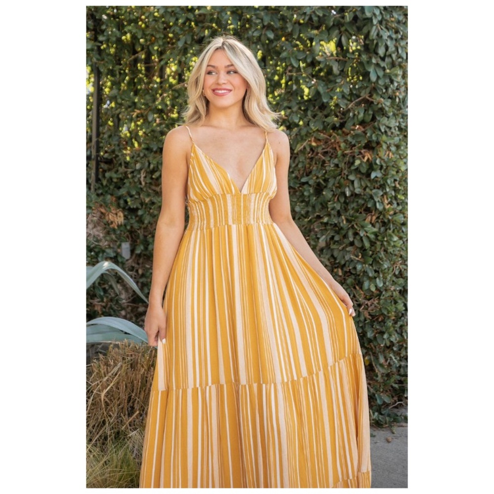 SOLD OUT Yellow & White Striped Smocked Waist Strapless Rayon Gauze Sleeveless - Picture 2 of 6